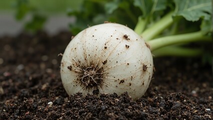 Freshly dug daikon radish on soil bed macro shot