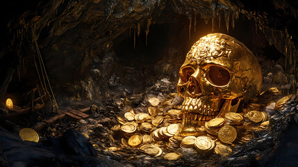 Pirate treasure with golden skull and old coins. generative ai. Gilded Cavern. Illustration