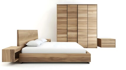 A wooden bed with a white sheet and pillows is set against a white background