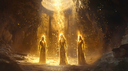 Three golden figures weave light, ancient cavern backdrop. Gilded Cavern. Illustration