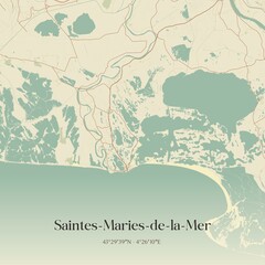 Retro map of Saintes-Maries-de-la-Mer, Provence-Alpes-C�te d'Azur, France. Vintage street map.