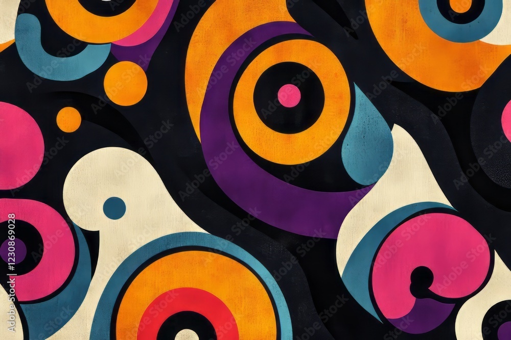 Poster abstract colorful geometric pattern with circles, curves, and various shapes on a dark background.