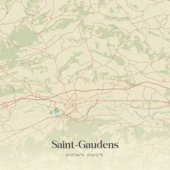 Retro map of Saint-Gaudens, Occitanie, France. Vintage street map.