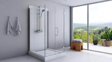 Modern Glass Shower Enclosure in Minimalist Bathroom with Scenic View