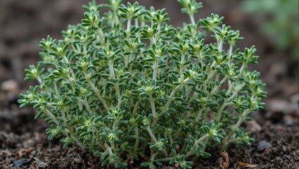 Fresh thyme sprigs growing in rich soil delicate leaves and wiry stems vivid against dark ground