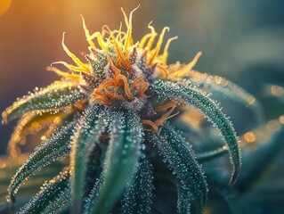 Fototapeta premium artistically composed cannabis flower macro, showing crystalline trichomes and vibrant orange pistils with dramatic lighting and shallow depth of field