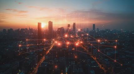 Abstract business man stands on Smart digital Innovation city with connection network reciprocity over the twilight cityscape. of future wireless digital city and social media networking systems

