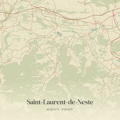 Fototapeta premium Retro map of Saint-Laurent-de-Neste, Occitanie, France. Vintage street map.