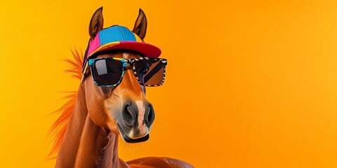 Quirky Surprised Horse in Oversized Sunglasses and Colorful Cap on Vibrant Orange Background - Funny 8K Stock Photo for Creative Projects
