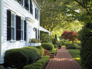 classic new england architecture, white clapboard siding with black shutters, red brick path leading through manicured garden, morning light