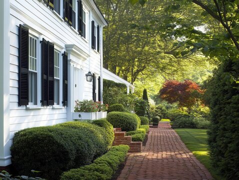classic new england architecture, white clapboard siding with black shutters, red brick path leading through manicured garden, morning light