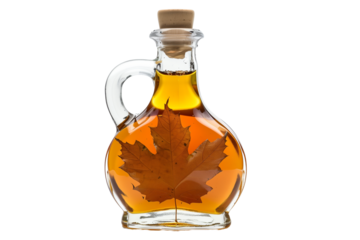 Glass Bottle of Canadian Maple Syrup With a Maple Leaf Design on a Transparent Background
