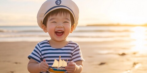 Adorable Asian Toddler in Sailor Outfit on Sandy Beach Holding Toy Ship – 8K Natural Light Professional Shot