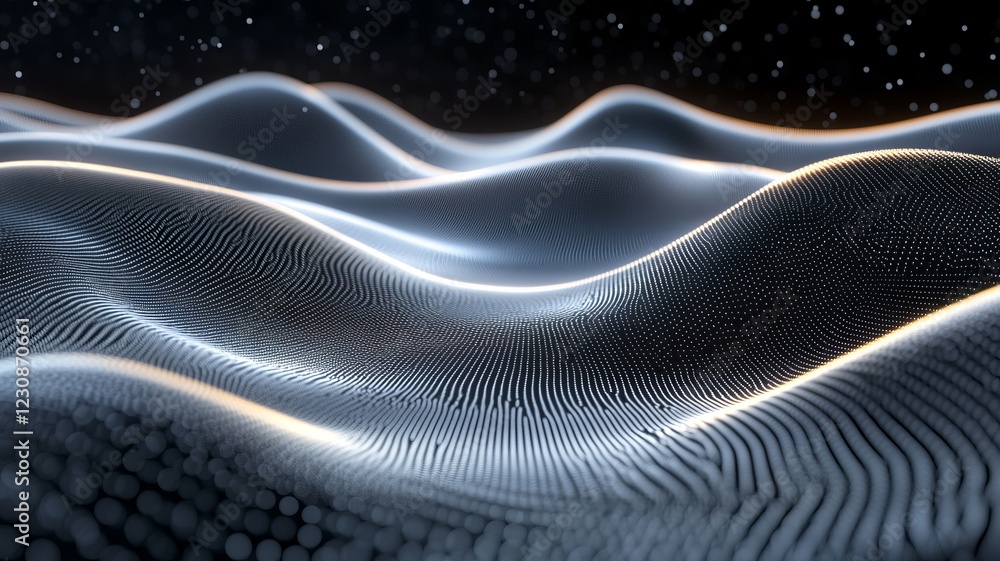 Poster abstract 3d rendering of flowing, glowing particles forming undulating waves against a dark backgrou