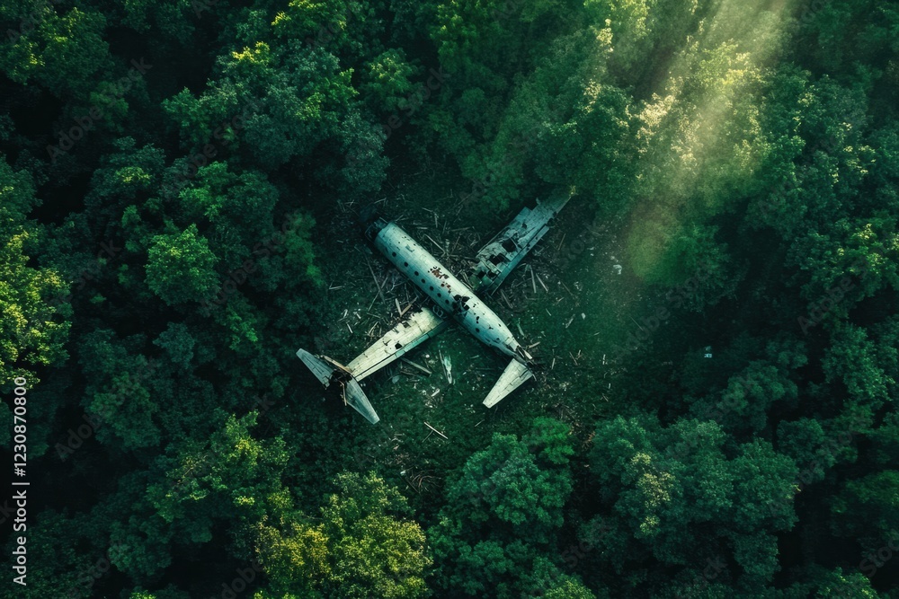 Poster dense forest reveals airplane debris in a clearing surrounded by lush green trees captured from abov