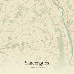 Retro map of Sancergues, Centre-Val de Loire, France. Vintage street map.
