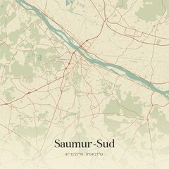 Retro map of Saumur-Sud, Pays de la Loire, France. Vintage street map.