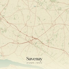 Retro map of Savenay, Pays de la Loire, France. Vintage street map.