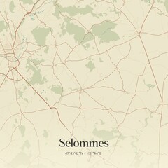 Retro map of Selommes, Centre-Val de Loire, France. Vintage street map.