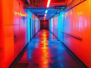 cyberpunk corridor with neon blue and orange gradient lighting, reflective surfaces, industrial grunge aesthetic