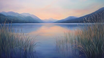 Tranquil Twilight Lake with Pastel Sky Reflections, Gently Swaying Reeds, and Distant Mountains in a Timeless Landscape &ndash; Perfect for Peaceful Nature Captures