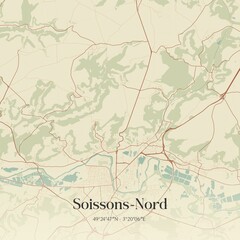 Retro map of Soissons-Nord, Hauts-de-France, France. Vintage street map.