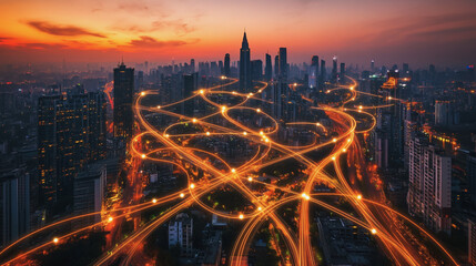 Abstract business man stands on Smart digital Innovation city with connection network reciprocity over the twilight cityscape. of future wireless digital city and social media networking systems


