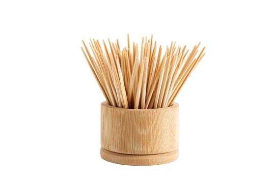Bunch of Toothpicks Displayed in a Small Wooden Holder, Perfect for Kitchen Use and Party Settings, Isolated on a Transparent Background