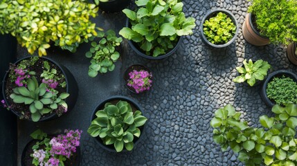 Overhead View of Assorted Potted Plants on Pebbled Ground
