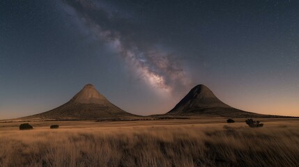 Starry Night Sky Over Two Mountain Peaks