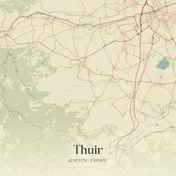 Retro map of Thuir, Occitanie, France. Vintage street map.