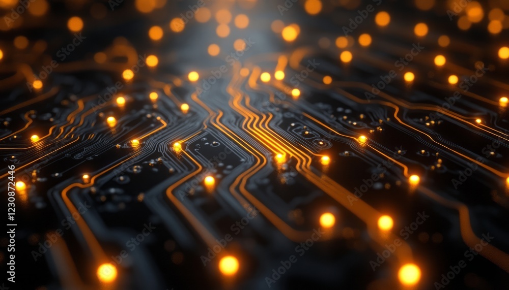 Aufkleber close-up of illuminated circuit board with glowing orange lines and nodes.