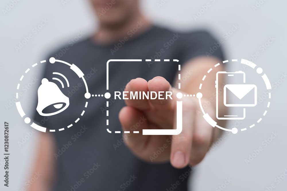 Poster person using virtual touch screen push button with text: reminder. reminder notifications business c