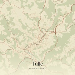 Retro map of Tulle, Nouvelle-Aquitaine, France. Vintage street map.