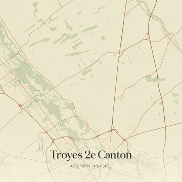 Retro map of Troyes 2e Canton, Grand Est, France. Vintage street map.