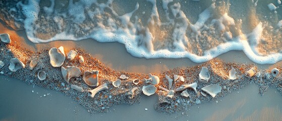 Fototapeta premium Shells and waves on tranquil beach at sunset