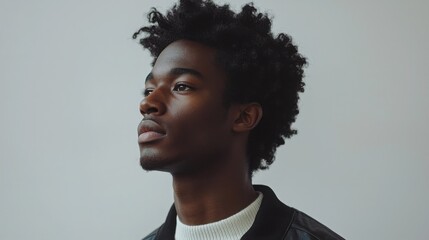 Obraz premium Thoughtful young Black man with an afro looking up, wearing a black leather jacket against a neutral background.