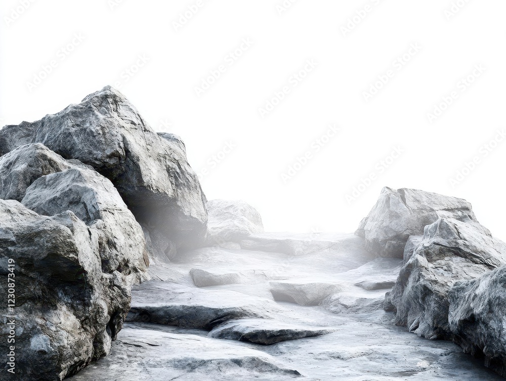 Poster dramatic volcanic rocks cascading through misty void against pristine white background, creating dyn
