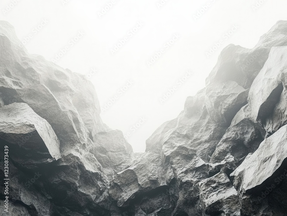 Poster dramatic volcanic rocks cascading through misty void against pristine white background, creating dyn