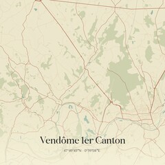 Retro map of Vend�me 1er Canton, Centre-Val de Loire, France. Vintage street map.