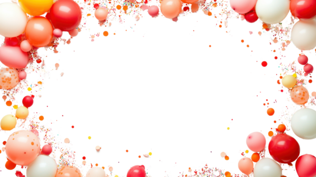 Colorful balloons and confetti creating festive border on transparent background