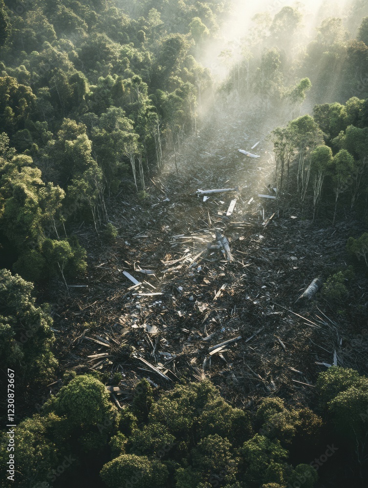 Poster aerial view reveals airplane debris in a dense forest clearing surrounded by towering trees at sunri
