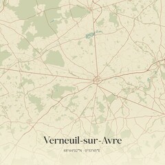 Retro map of Verneuil-sur-Avre, Normandie, France. Vintage street map.