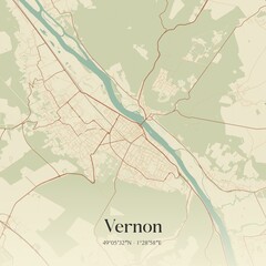 Retro map of Vernon, Normandie, France. Vintage street map.