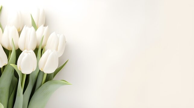 bouquet of white tulips on side of pastel colored background with empty space for text - Powered by Adobe