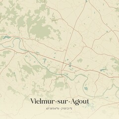 Fototapeta premium Retro map of Vielmur-sur-Agout, Occitanie, France. Vintage street map.