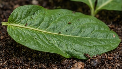 Detailed macro shot of a vibrant green spinach leaf on soil with visible veins and crawling insects