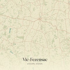 Retro map of Vic-Fezensac, Occitanie, France. Vintage street map.