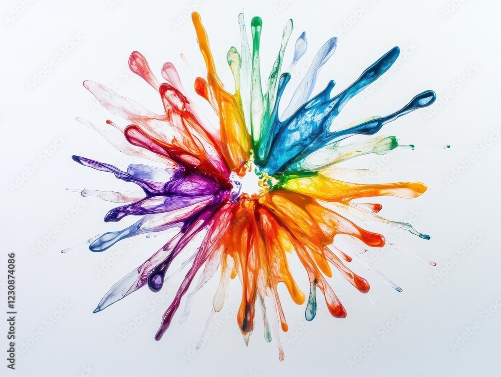 Poster dynamic explosion of prismatic paint droplets frozen in time against pure white background, creating a three-dimensional rainbow burst effect