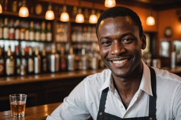 close portrait of a 40s smiling Beninese male bartender against blurred bar background